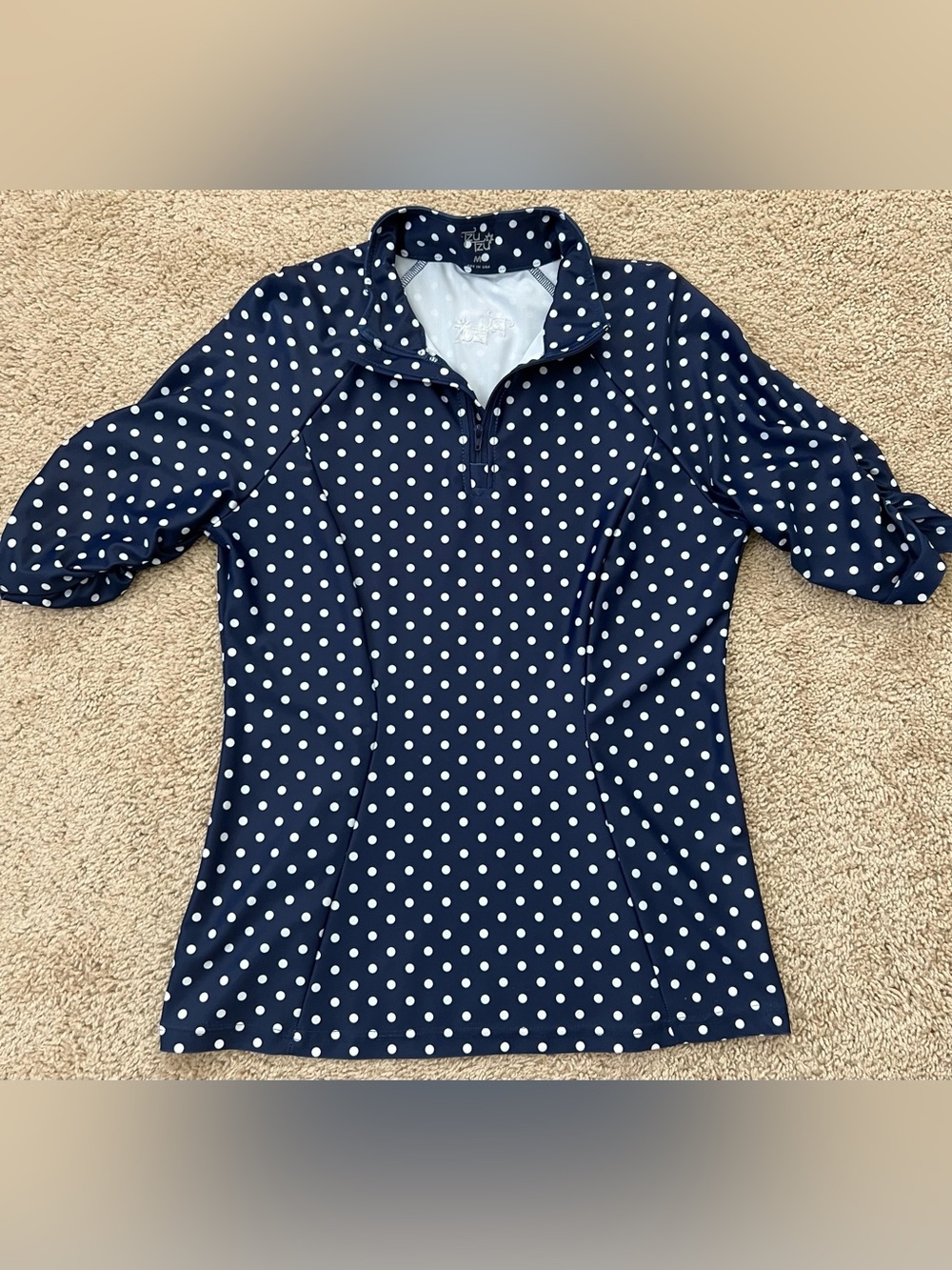 Tzu Tzu Women's Small Navy Polka Dot Quarter Zip Golf Tennis Polo Shirt
